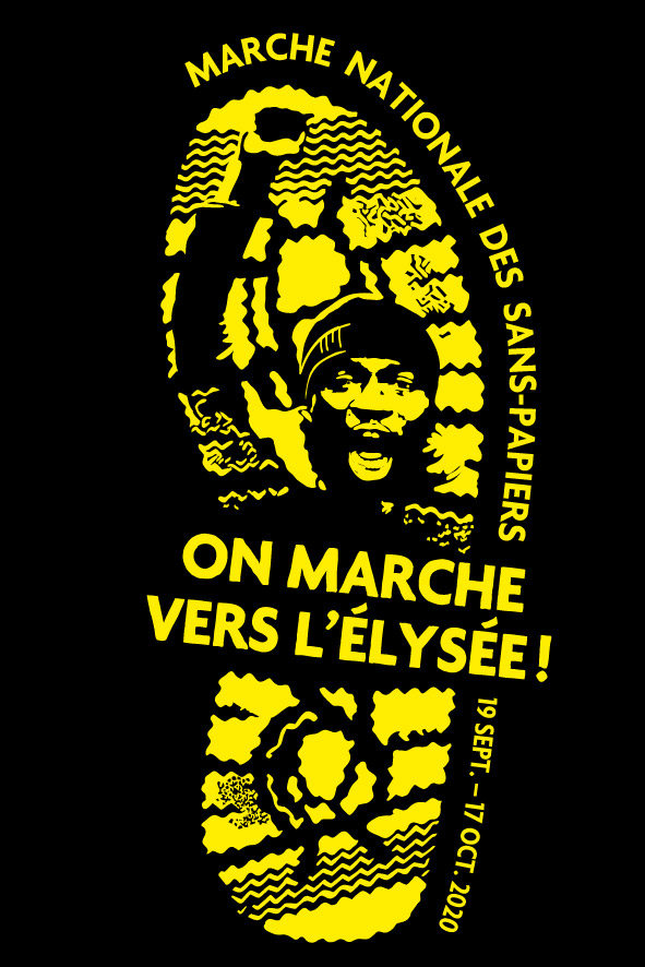 Logo de la marche des solidarités, un homme le poing levé et la bouche ouverte pour crier dans une empreinte de pas, avec le slogan "On marche vers l'Elysée! ".