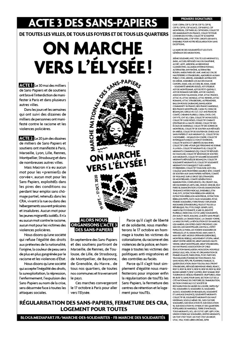 Appel de la marche des Solidarités et liste des signataires, lien disponible en dessous pour consulter la version texte.