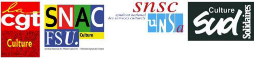 logos de la CGt Culture, du SNAC FSU Culture, du SNSC UNSA, et de Sud Culture Solidaires.